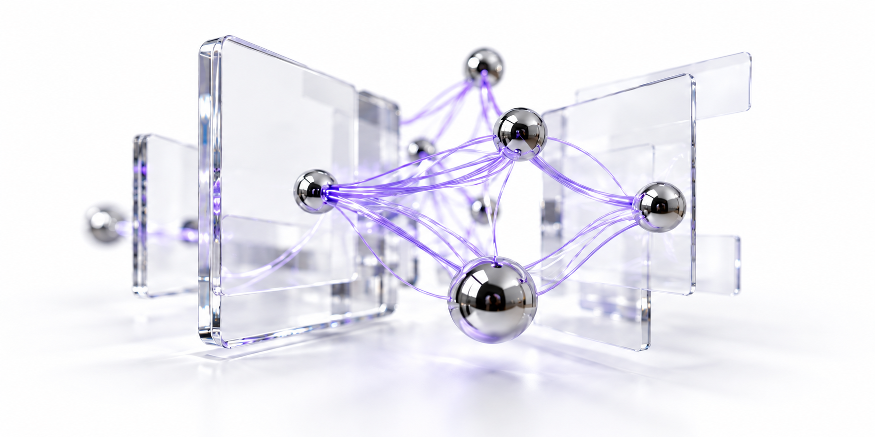 Conceptual 3D illustration of glass planes, chrome nodes and violet connections